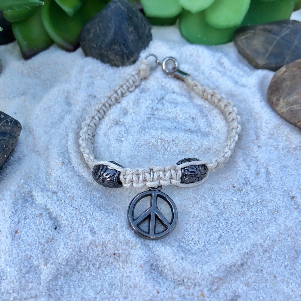 Hemp Macrame Flower and Peace Sign Bracelet Anklet